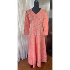 Vintage 1970s maxi dress, floral peach, long sleeves, romantic simple gown